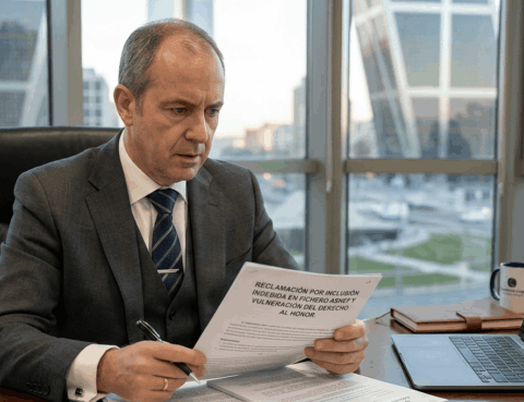 Empresario revisando una reclamación por inclusión indebida en ASNEF y vulneración de su derecho al honor
