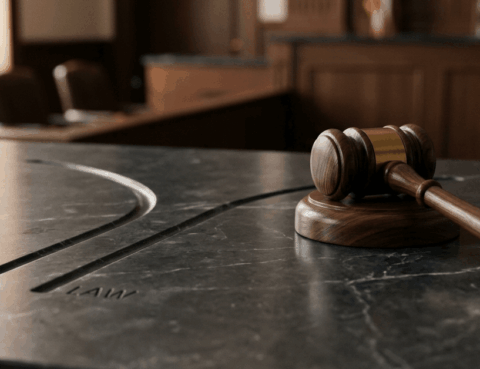 Mazo de juez sobre superficie de mármol que simboliza la toma de decisiones judiciales en casos de calumnia e injuria.