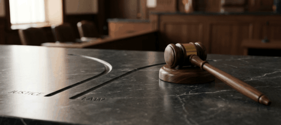 Mazo de juez sobre superficie de mármol que simboliza la toma de decisiones judiciales en casos de calumnia e injuria.