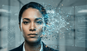 Representación visual de un deepfake tecnológico con una máscara digital translúcida sobre un rostro humano, simbolizando la manipulación de la imagen y voz por IA.