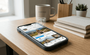 Smartphone mostrando una fotografía personal en una interfaz de red social con un escudo o símbolo de privacidad superpuesto.